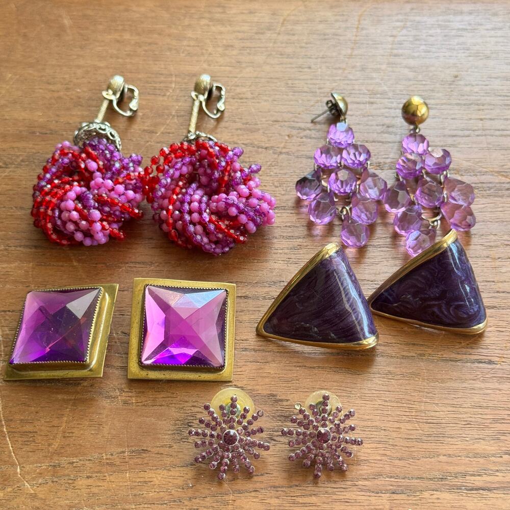 Lot of 5 Vintage Purple Beaded, Stones, and Cluster Earrings